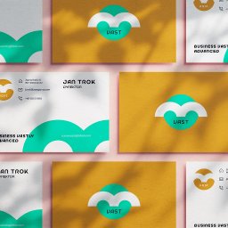 ScaleStudio - Układ wizytówek firmy Vast z logo w kształcie chmury, adres, e-mail i numer telefonu. Karty w kolorach białym, żółtym i turkusowym, z cieniem liści.