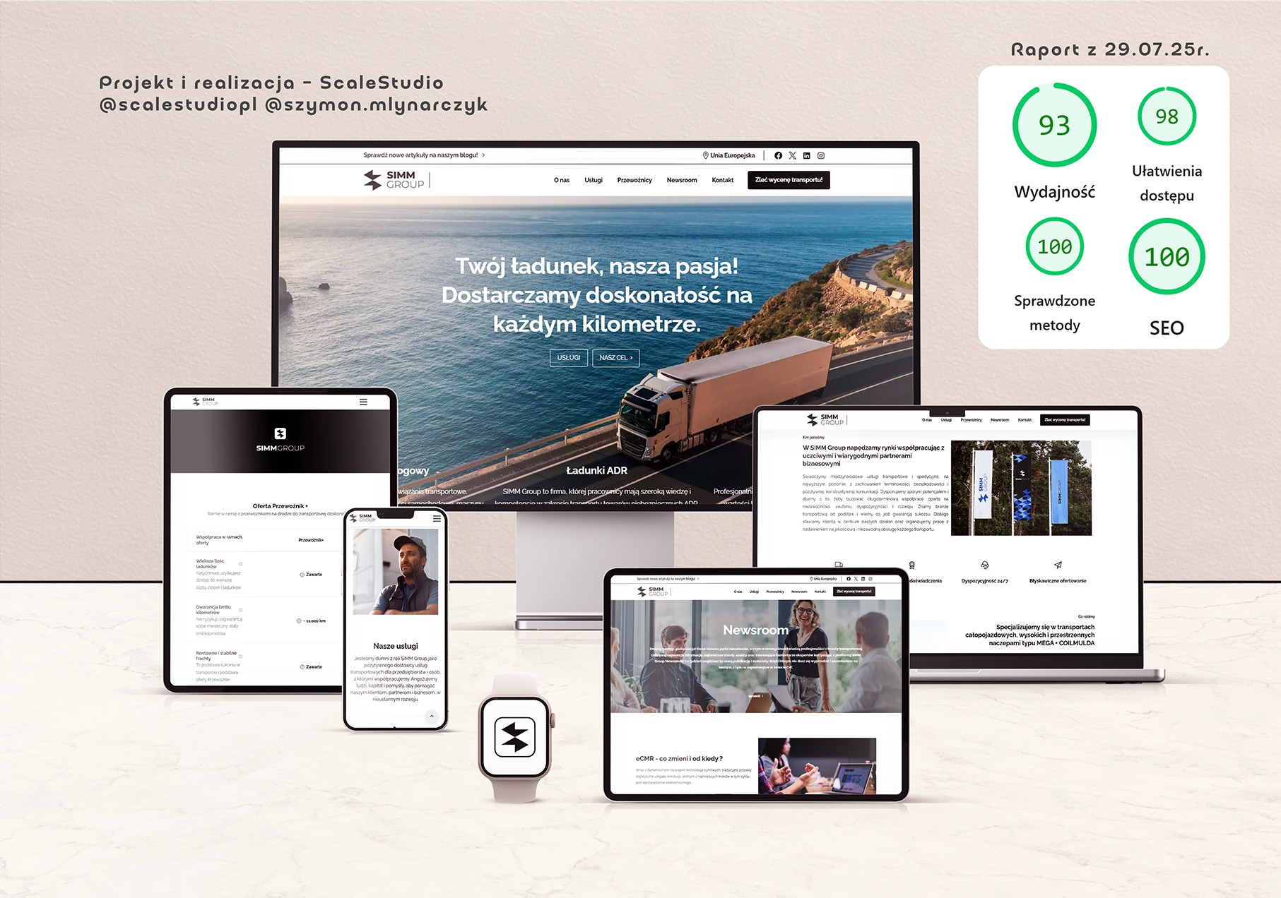 Responsywna strona SIMM Group na różnych urządzeniach: monitor, tablet, smartfon, zegarek. Prezentacja projektu strony internetowej dla firmy transportowej.