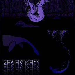 Alina Martynovych - Stylizowana, fioletowa ilustracja przedstawiająca postać spadającą do wody, z widocznym potworem morskim i abstrakcyjnym napisem na dole.