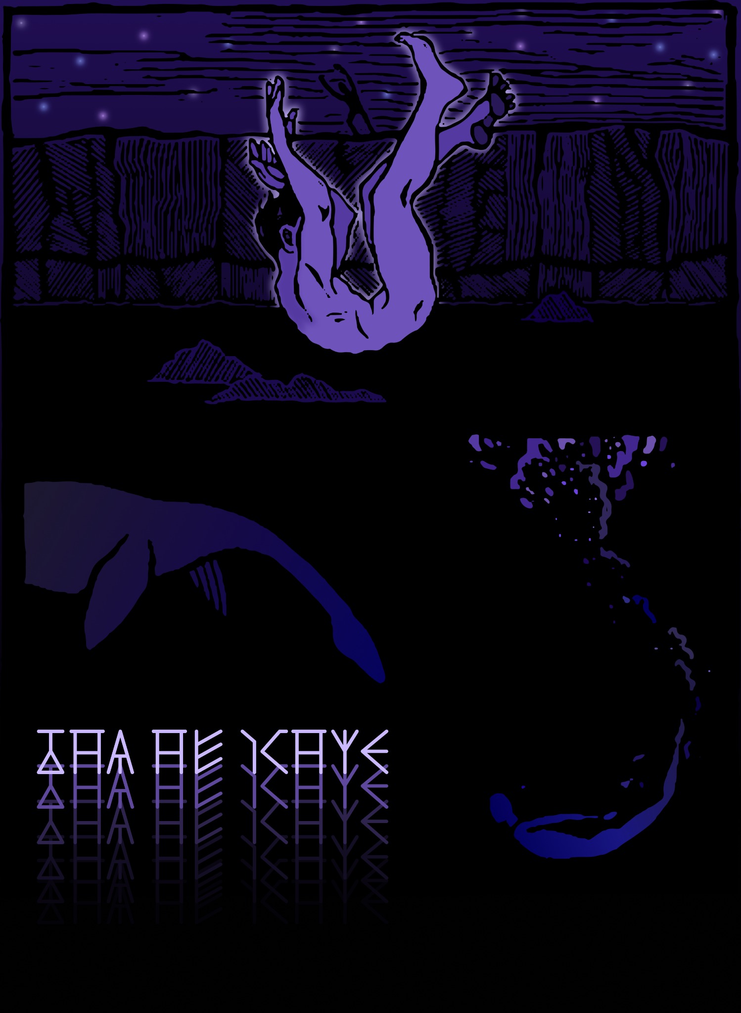 Stylizowana, fioletowa ilustracja przedstawiająca postać spadającą do wody, z widocznym potworem morskim i abstrakcyjnym napisem na dole.