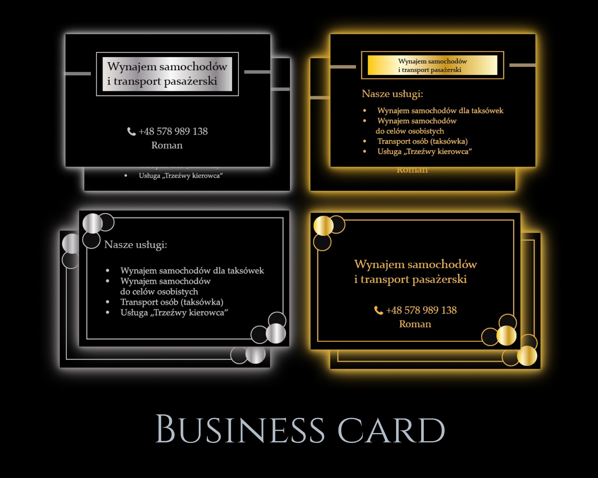 Kilka wariantów wizytówek wykonanych na potrzeby klienta w ramach projektu komercyjnego.