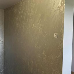 Kacper Cyranski - Ściana z dekoracyjnym, srebrzystoszarym efektem malowania, widoczny włącznik światła i fragment podłogi z drewnianą listwą przypodłogową.