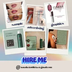 Portfolio graficzne z przykładami reklam kosmetyków, w stylu polaroidów, z hasłem 'Hire me' i adresem e-mail. Prezentacja umiejętności.
