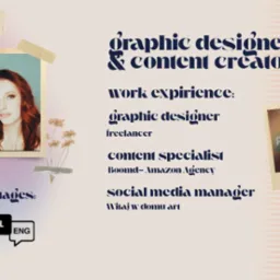 Kreatywny kolaż graficzny prezentujący portfolio grafika i twórcy treści z doświadczeniem w projektowaniu, content marketingu i social mediach. Widoczne ikony programów graficznych.