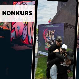 Natalia Kudlicka - Zdjęcie w telefonie: plakat konkursowy z graffiti i grupą młodzieży. Osoba niesie drugą na barana. W tle budynek z cegły i flaga. Uśmiechnięte twarze.