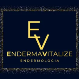 Eleganckie logo 'E V EndermaVitalize' w złotej kolorystyce na granatowym tle, otoczone ramką z drobnych, błyszczących kropek. Minimalistyczny design.