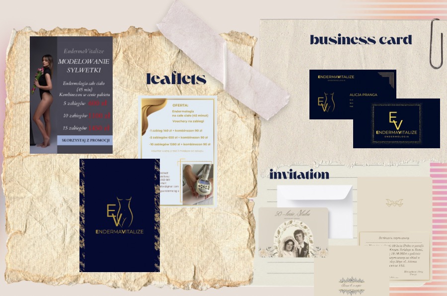 Kolaż z ulotkami, wizytówkami i zaproszeniami firmy Endermavitalize, prezentujący ofertę modelowania sylwetki, zabiegów endermologii i vouchery na zabiegi.