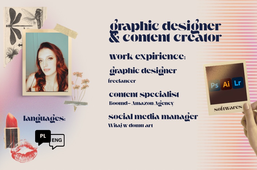 Kreatywny kolaż graficzny prezentujący portfolio grafika i twórcy treści z doświadczeniem w projektowaniu, content marketingu i social mediach. Widoczne ikony programów graficznych.