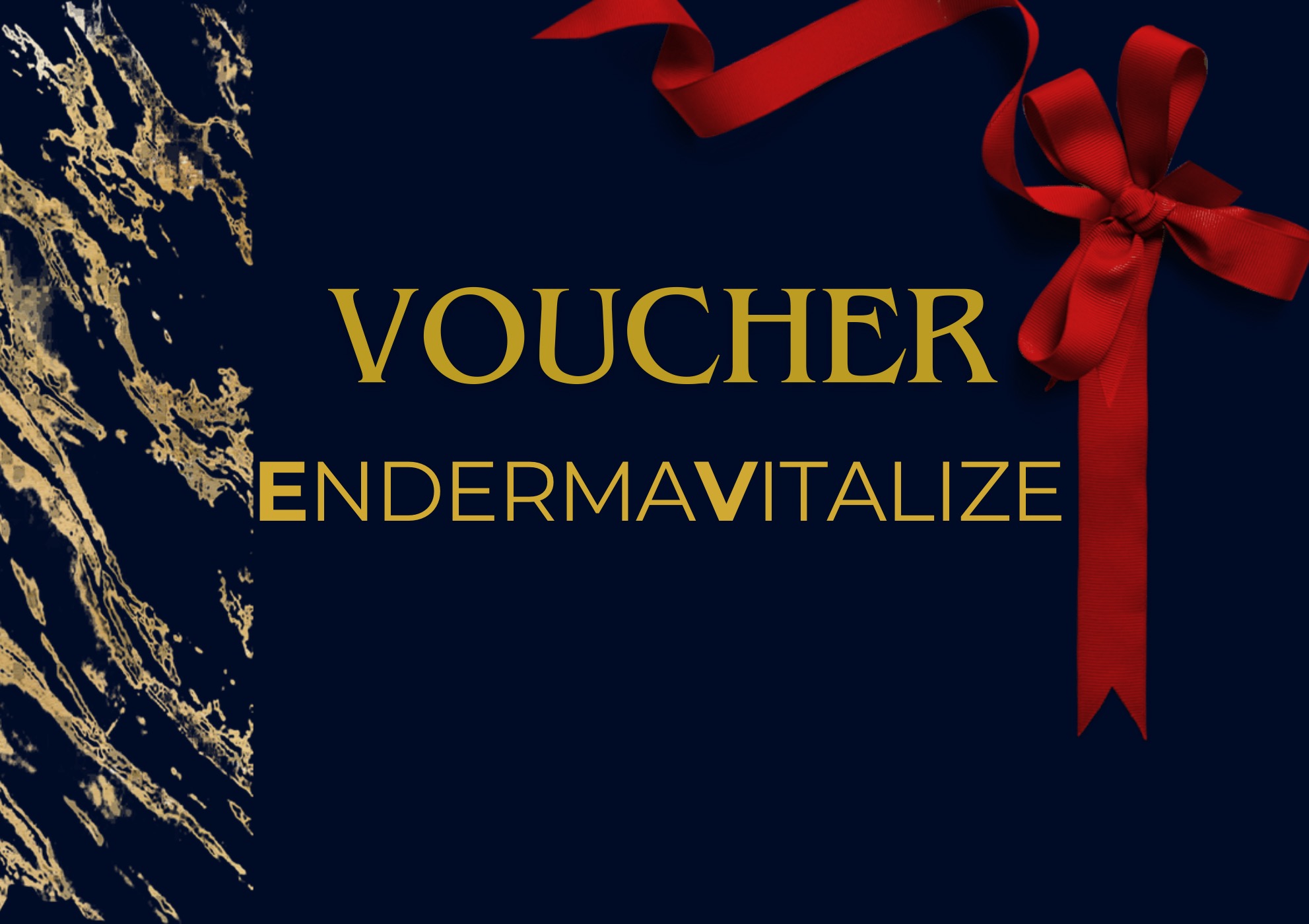 Elegancki, granatowo-złoty voucher 'Endermavitalize' z czerwoną wstążką, idealny na prezent. Minimalistyczny design z efektem marmuru po lewej stronie.