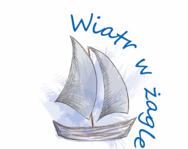 Ręcznie rysowana, błękitna ilustracja żaglówki z napisem 'Wiatr w żagle' w tym samym kolorze, na białym tle. Delikatny, artystyczny styl.