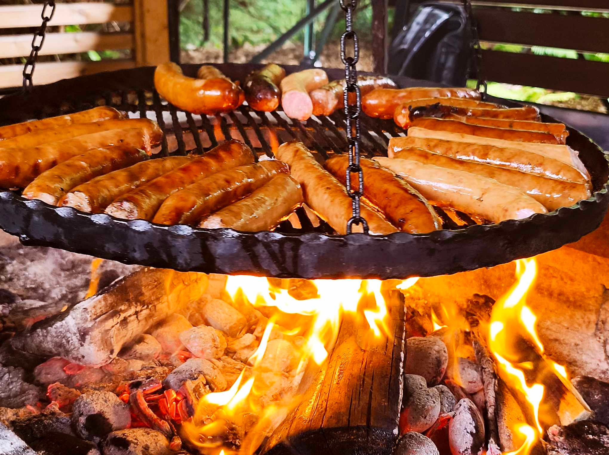 Grill z rusztem wiszącym nad paleniskiem, na którym pieką się różnorodne kiełbaski. Ognisko oświetla potrawy, tworząc apetyczny widok.