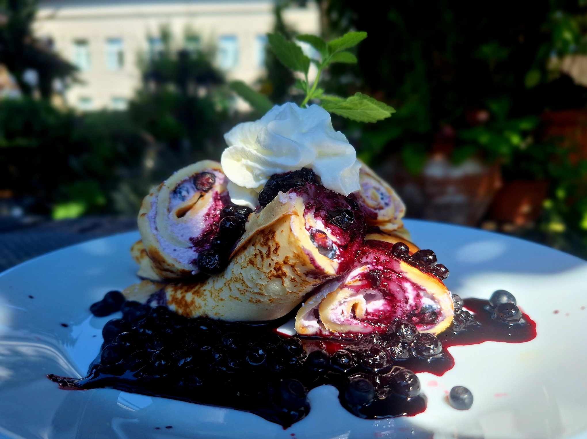 Naleśniki zwinięte w rulony z nadzieniem jagodowym i bitą śmietaną, udekorowane listkiem mięty, na białym talerzu, w tle zieleń i budynek.