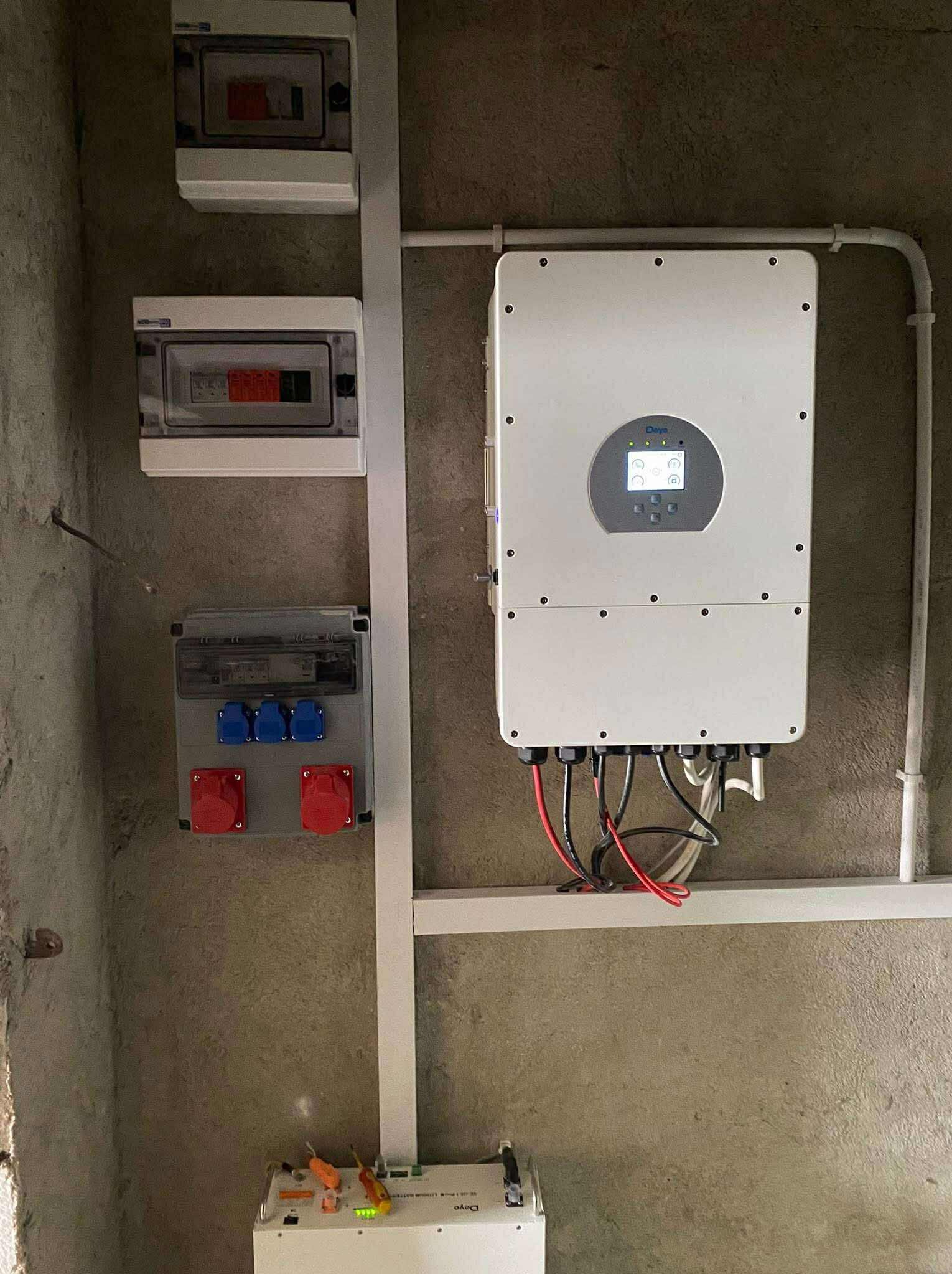 Zamontowany inwerter fotowoltaiczny na szarej ścianie, z widocznymi kablami i rozdzielnicami elektrycznymi. U dołu widoczny akumulator.