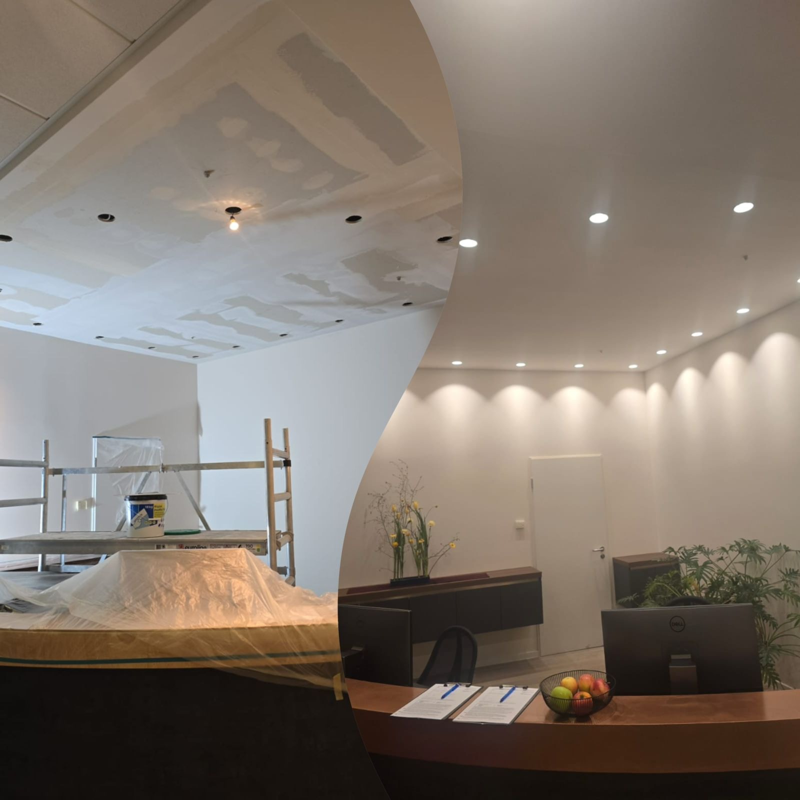 Remont biura: widok przed - surowy strop z gładzią, rusztowanie; widok po - gładki sufit z oświetleniem, recepcja z kwiatami i owocami. Efekt 'przed i po'.