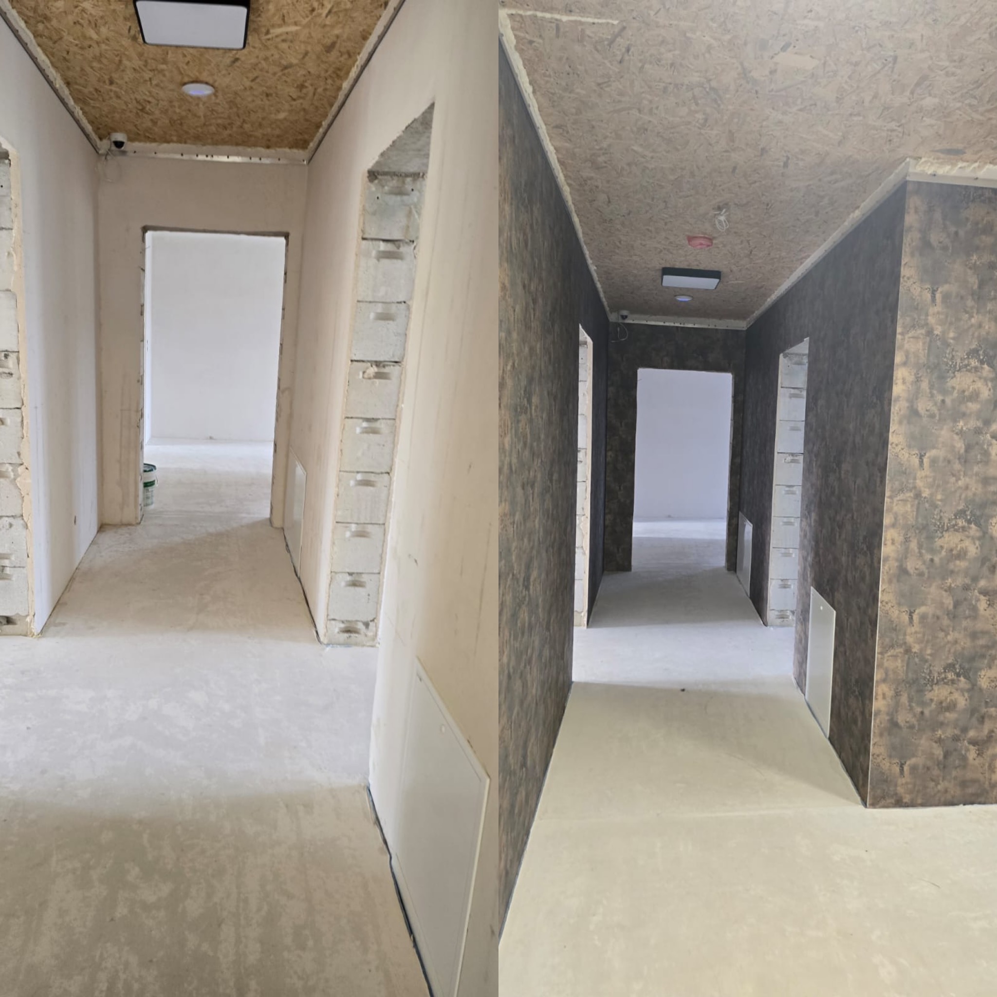 Korytarz w trakcie prac wykończeniowych: ściany częściowo z gładzią, częściowo z tapetą o wzorze kamienia. Sufit z płyty OSB. Widoczne otwory drzwiowe.