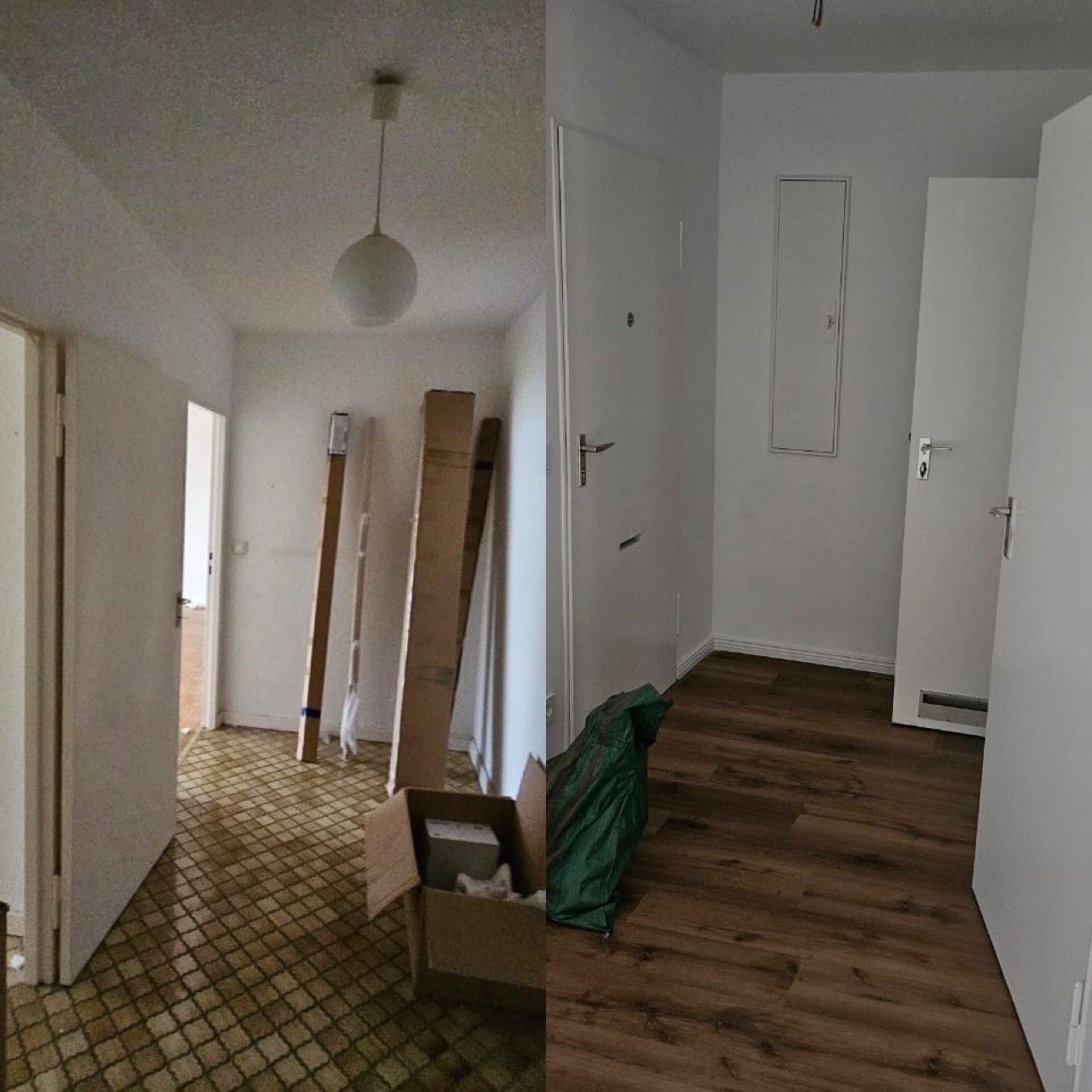 Korytarz przed i po remoncie. Po lewej stara podłoga i ściany, po prawej nowa podłoga, świeżo pomalowane ściany i nowe drzwi. Widok na odnowione wnętrze.
