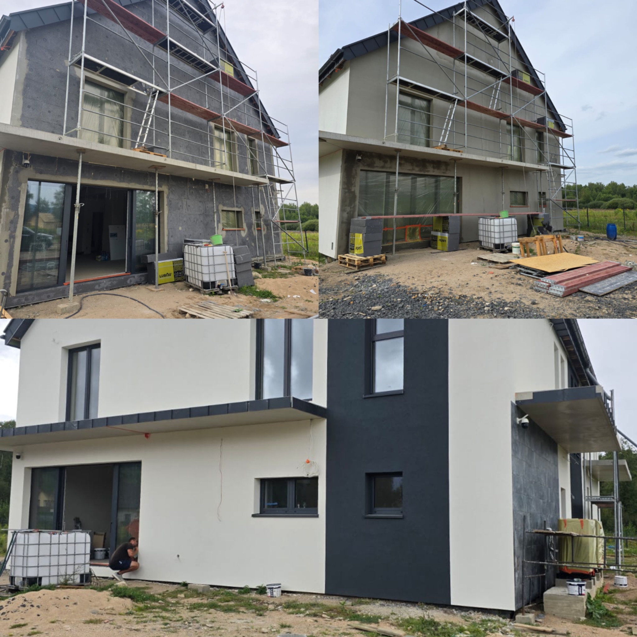 Ocieplanie domu: kolaż 'przed i po' z rusztowaniami. Etapy prac: surowy mur, ocieplony budynek i pomalowana elewacja w bieli i szarości.