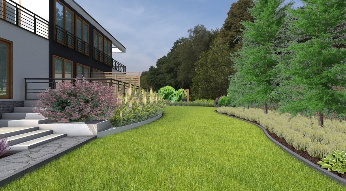 Wizualizacja ogrodu przy nowoczesnym domu z zielonym trawnikiem, rabatami kwiatowymi i drzewami. Widoczne schody wejściowe i elementy małej architektury.