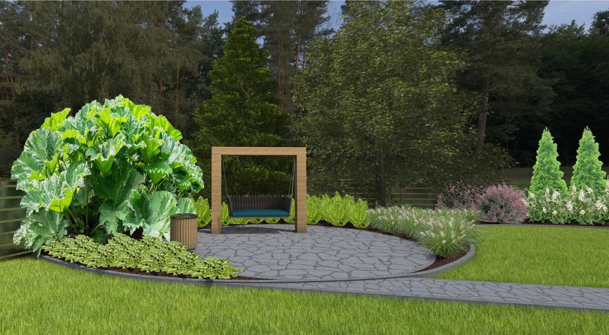 Projekt ogrodu z huśtawką na tle drzew, rabatami z roślinnością ozdobną i ścieżką z kamienia. Widoczny fragment trawnika. Całość w spokojnej kolorystyce.