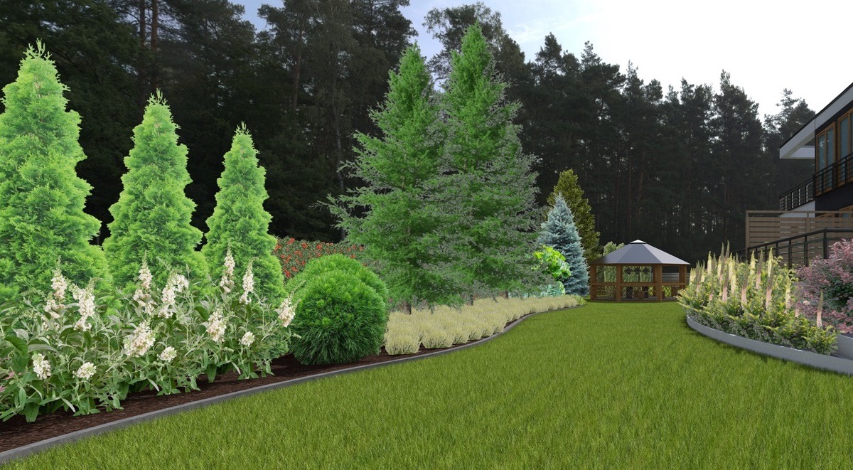 Wizualizacja ogrodu z równo przystrzyżonym trawnikiem, ozdobnymi drzewami i krzewami, oraz altaną w tle, prezentująca projekt zagospodarowania terenu.