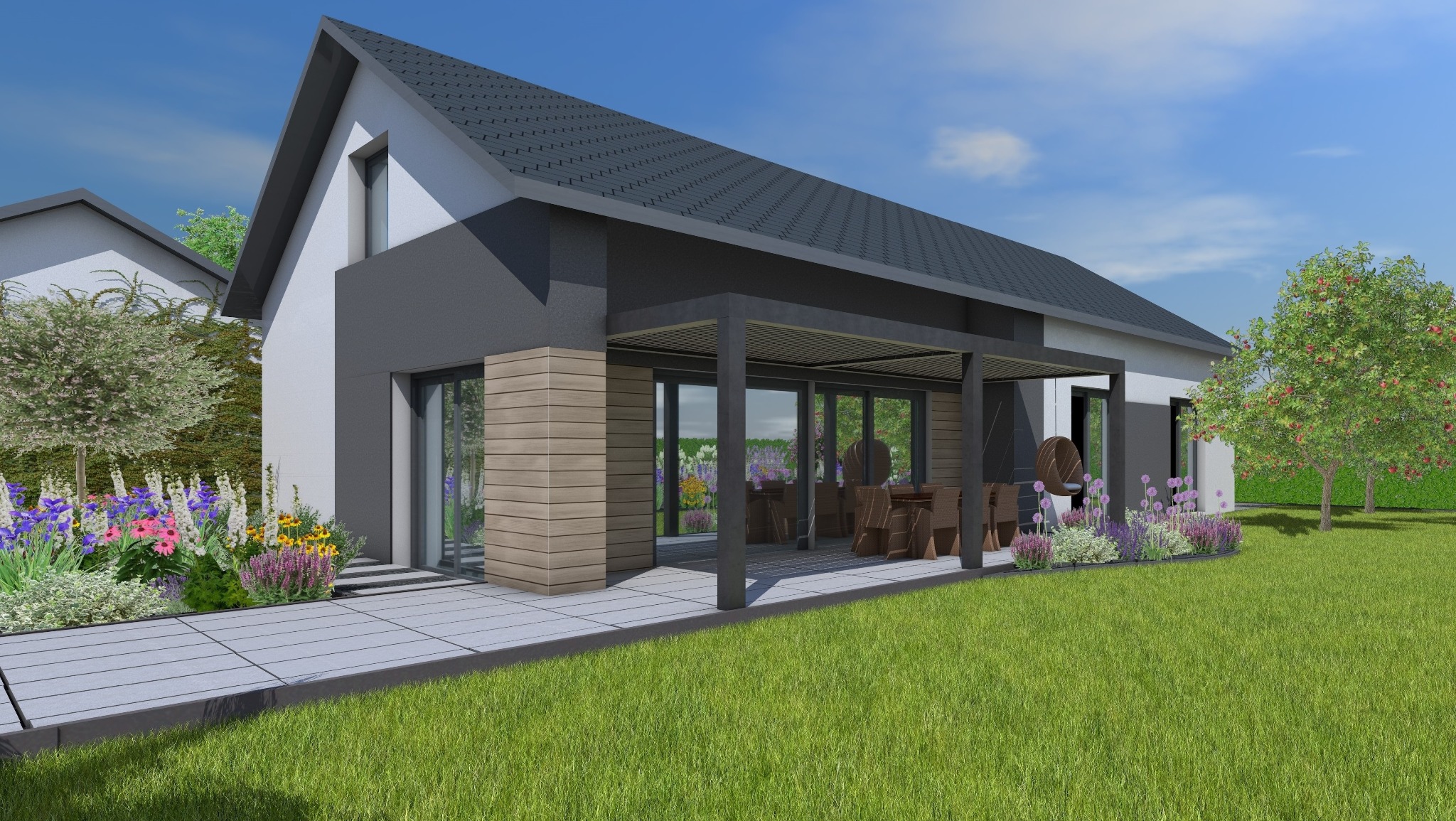 Wizualizacja domu z tarasem, pergolą i kwitnącym ogrodem. Widoczne kwiaty, trawnik i drzewa owocowe. Nowoczesna architektura, jasne kolory, błękitne niebo.