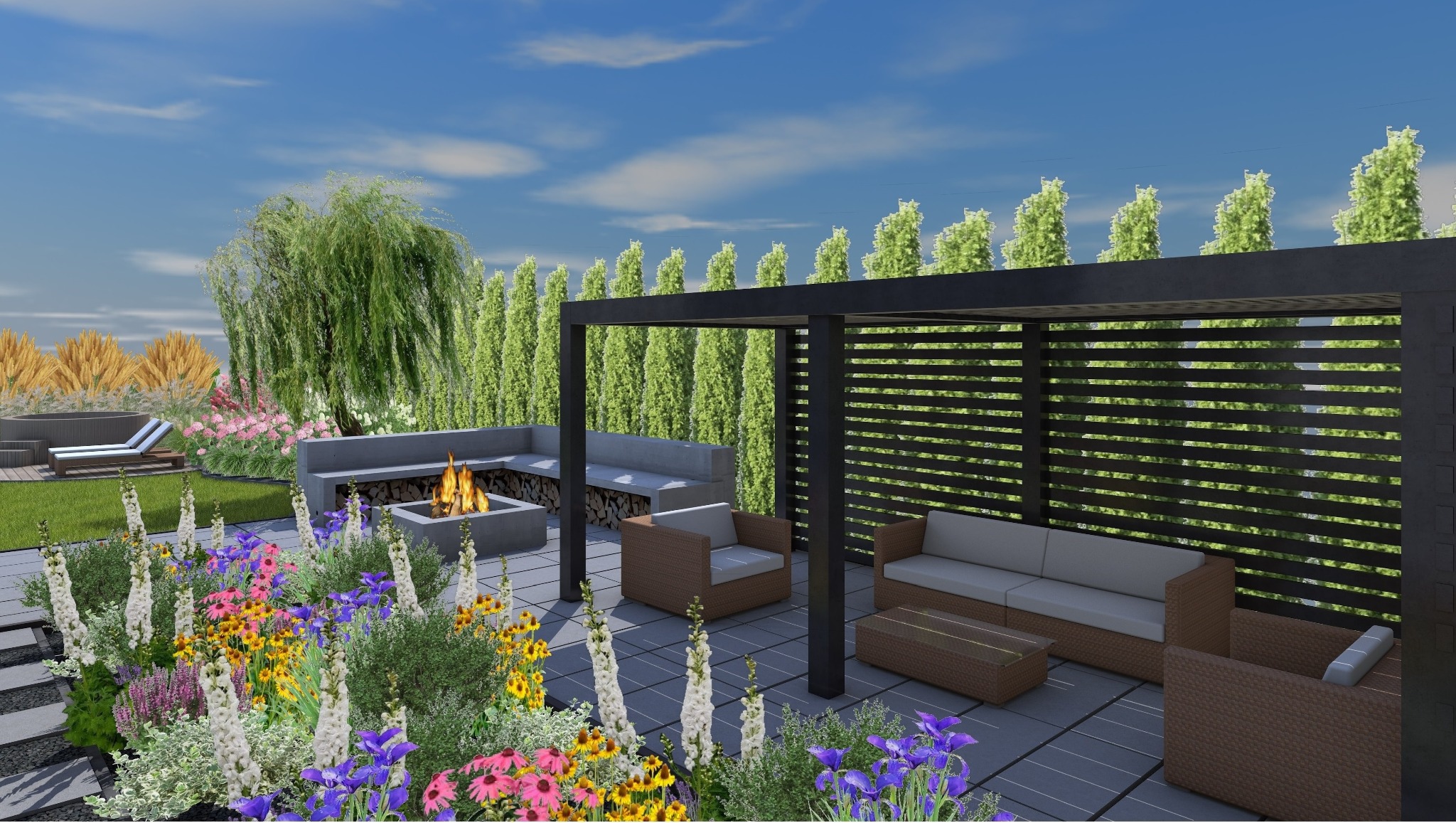 Wizualizacja ogrodu z pergolą, paleniskiem i kwitnącymi rabatami. Nowoczesny design z elementami naturalnymi, drzewa i trawy ozdobne w tle.