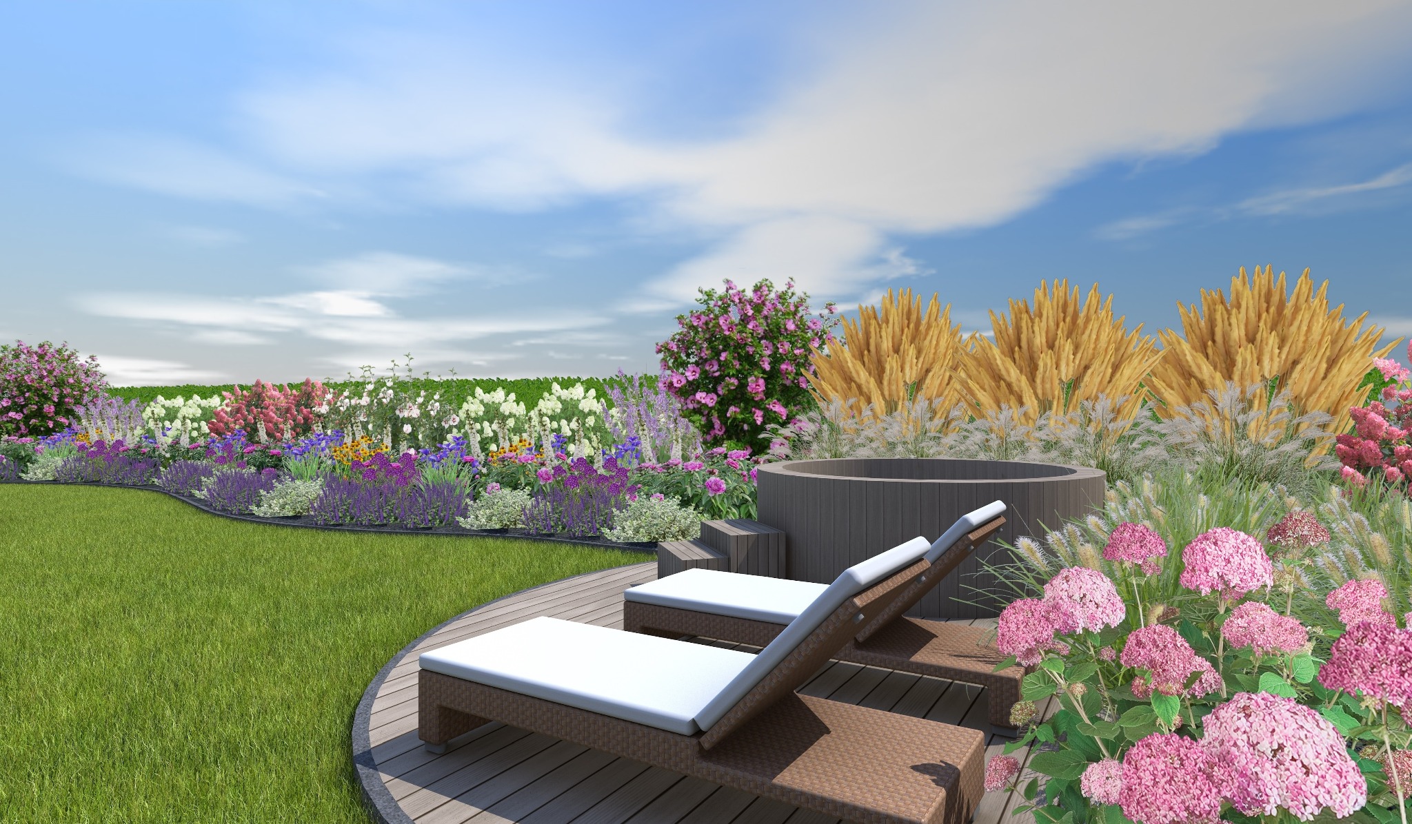 Wizualizacja ogrodu z drewnianym jacuzzi, dwoma leżakami na drewnianym tarasie i bogatą roślinnością: trawa, kwiaty, krzewy ozdobne i trawy pampasowe.