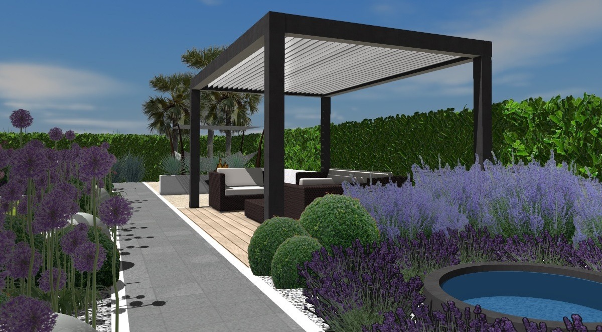 Wizualizacja ogrodu z nowoczesną pergolą, meblami ogrodowymi, ścieżką z płyt, okrągłym oczkiem wodnym i różnorodną roślinnością.
