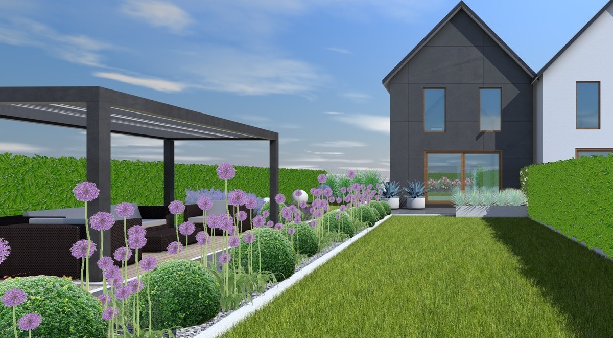 Wizualizacja ogrodu z nowoczesną pergolą, kulistymi roślinami i fioletowymi kwiatami allium na tle domu o minimalistycznej architekturze.