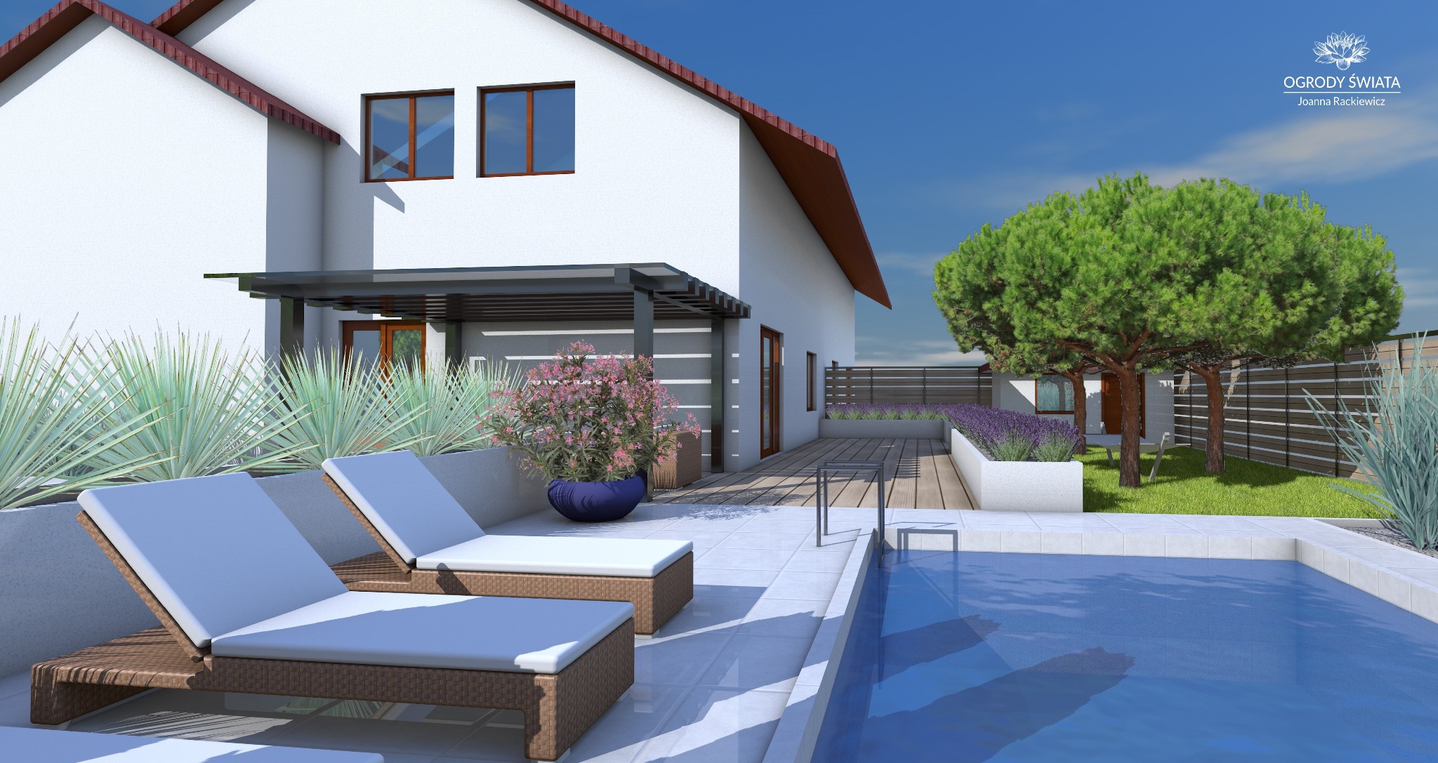 Wizualizacja ogrodu z basenem, leżakami i nowoczesnym domem w tle. Kompozycja z roślin, drewniany taras i błękit wody tworzą relaksującą atmosferę.
