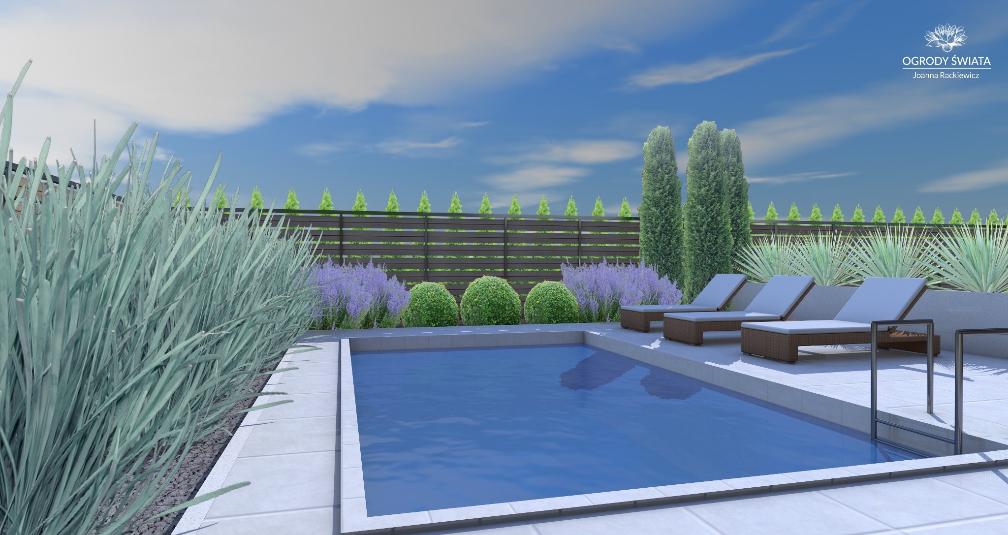 Wizualizacja ogrodu z basenem: szpaler cyprysów za drewnianym płotem, lawenda i kuliste krzewy, leżaki z rattanu przy krystalicznej wodzie, trawy ozdobne.