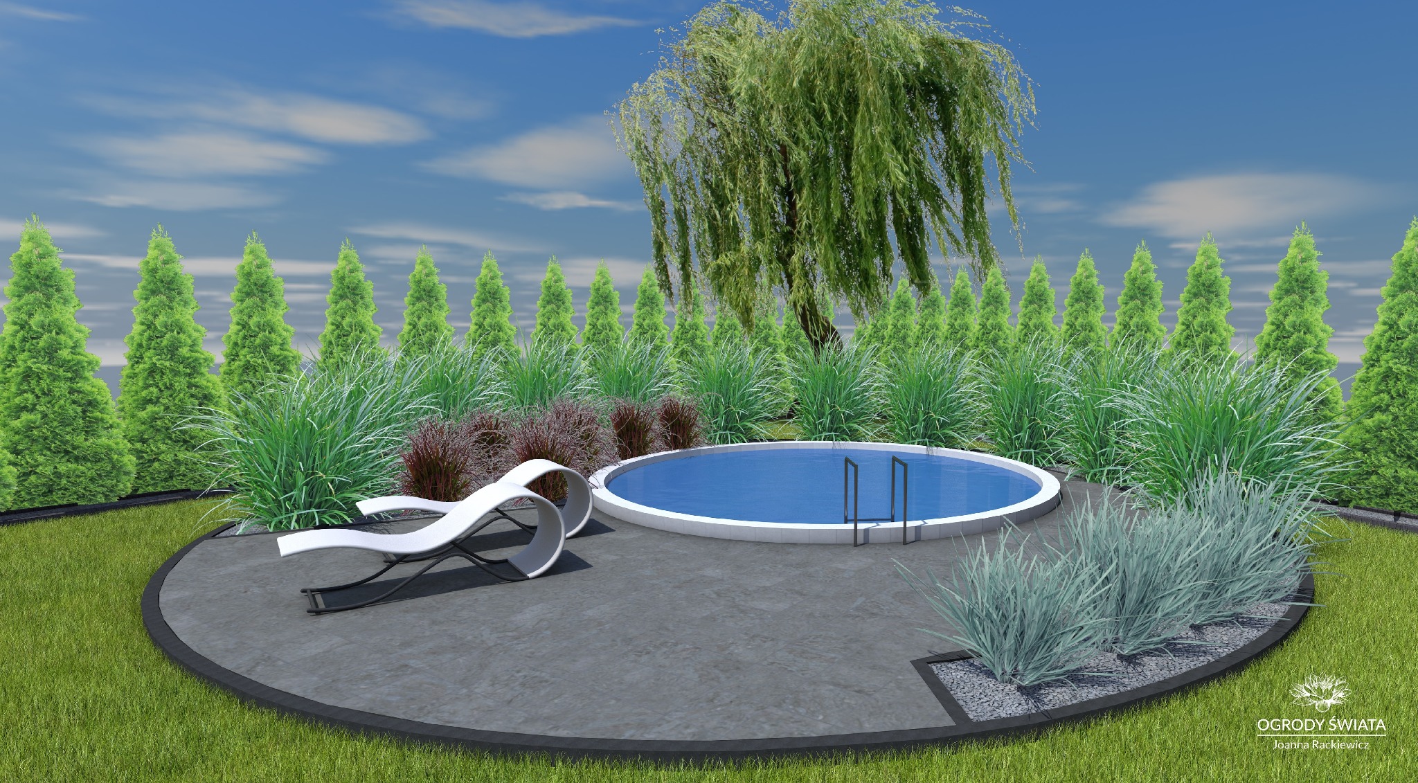 Wizualizacja ogrodu z okrągłym basenem, leżakiem i różnorodną roślinnością ozdobną, w tym drzewami iglastymi i trawami. Projekt z wyraźnie zaznaczonymi granicami rabat.