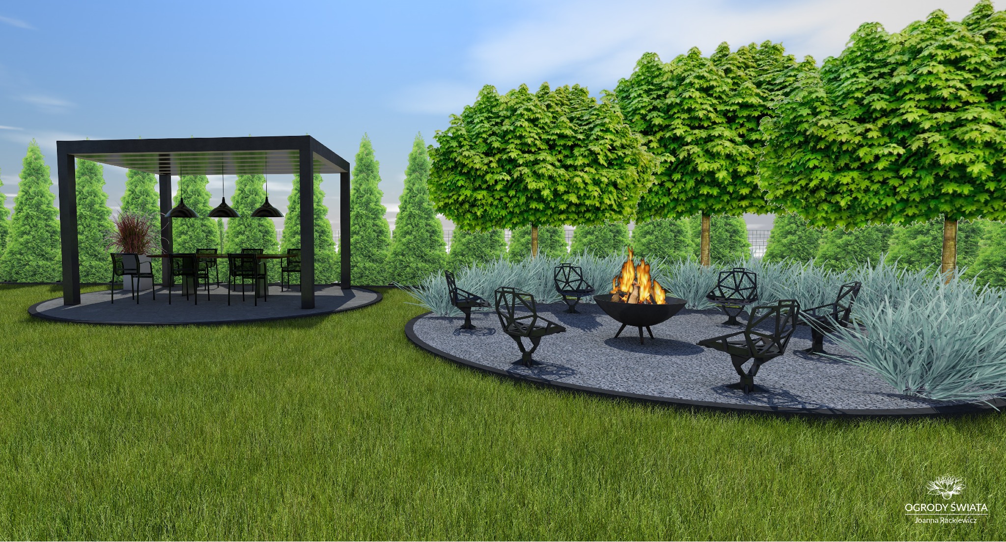 Projekt ogrodu z pergolą nad stołem i miejscem na ognisko otoczonym krzesłami. Tło z drzew i trawnika. Nowoczesny design, staranne wykonanie, detale.