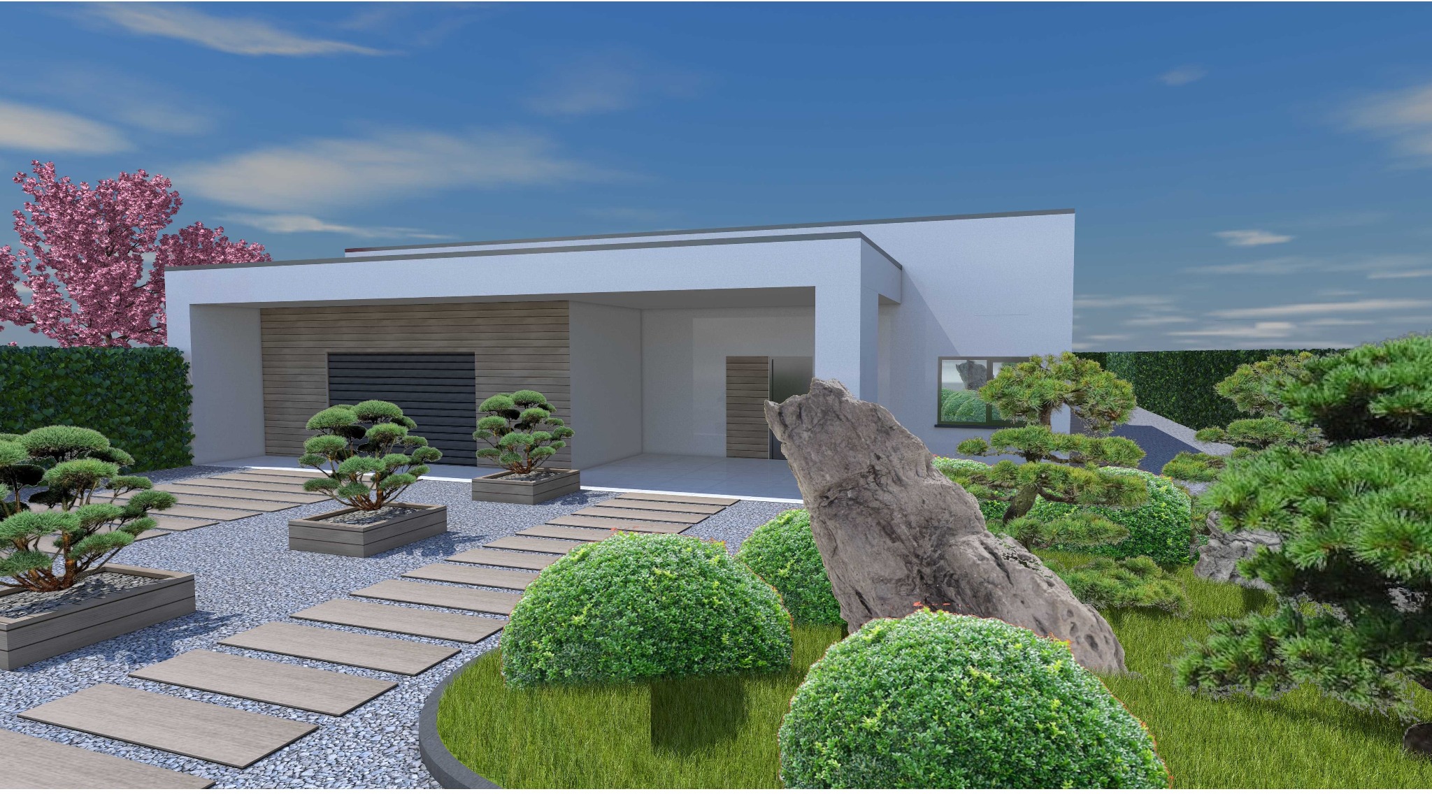 Wizualizacja ogrodu w stylu japońskim z elementami nowoczesnej architektury: ścieżka z płyt, kamień, bonsai w donicach, krzewy, trawnik i budynek w tle.