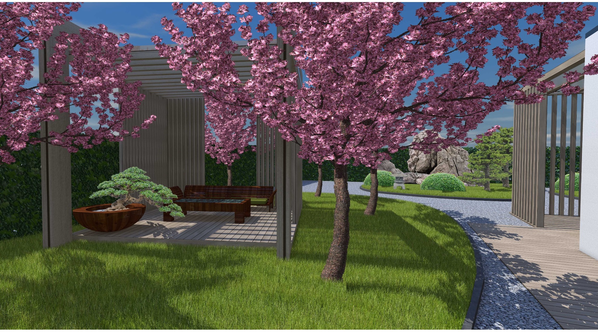 Wizualizacja ogrodu w stylu japońskim: kwitnące drzewa, pawilon z drewnianymi elementami, bonsai w donicy i kamienna ścieżka.