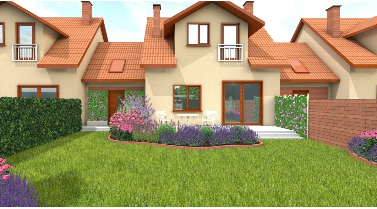 Projekt ogrodu przydomowego z rabatami kwiatowymi, trawnikiem i elementami małej architektury. Widoczne trzy segmenty domów.
