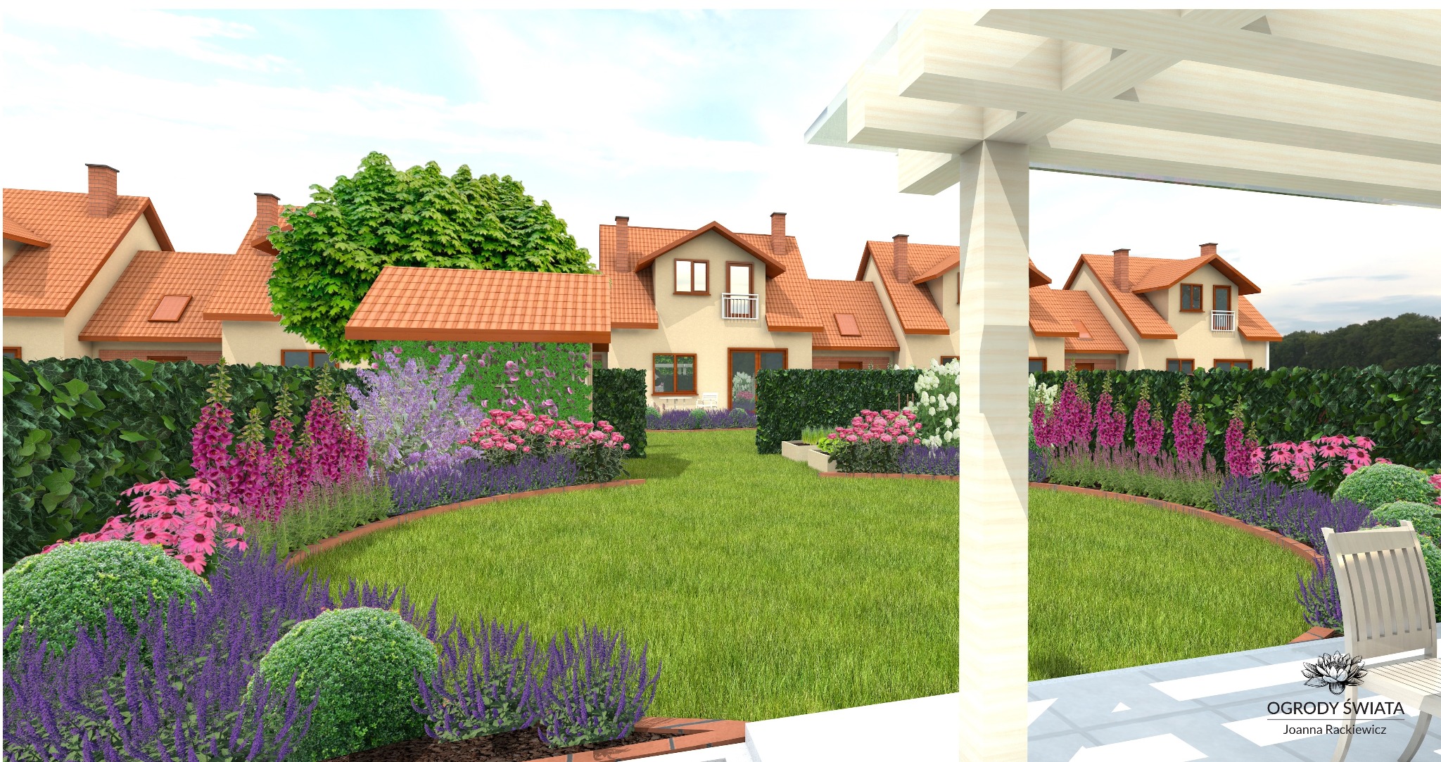 Wizualizacja ogrodu przydomowego z równo przystrzyżonym trawnikiem, rabatami kwiatowymi w odcieniach różu i fioletu, żywopłotem i zabudową pergoli z białego drewna.