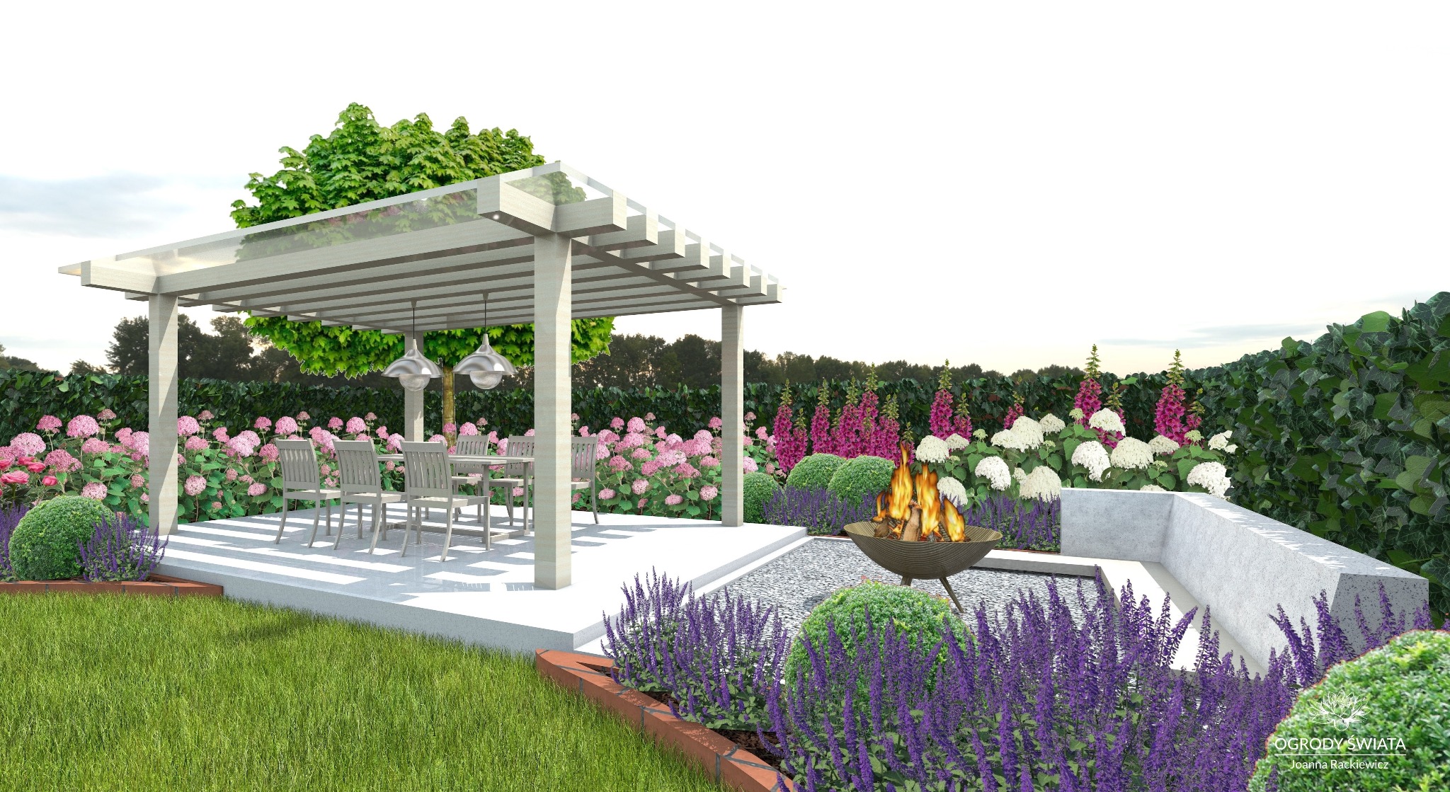 Wizualizacja ogrodu z pergolą, stołem i krzesłami, otoczonego kwitnącymi hortensjami i szałwią. Palenisko ogrodowe dodaje ciepła. Realistyczny render.