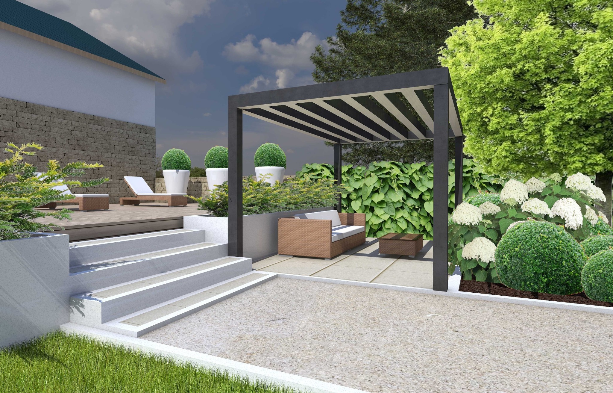 Projekt ogrodu z pergolą, rattanowymi meblami i schodami, wizualizacja 3D. Bujna roślinność, trawnik i kamienna ściana w tle.