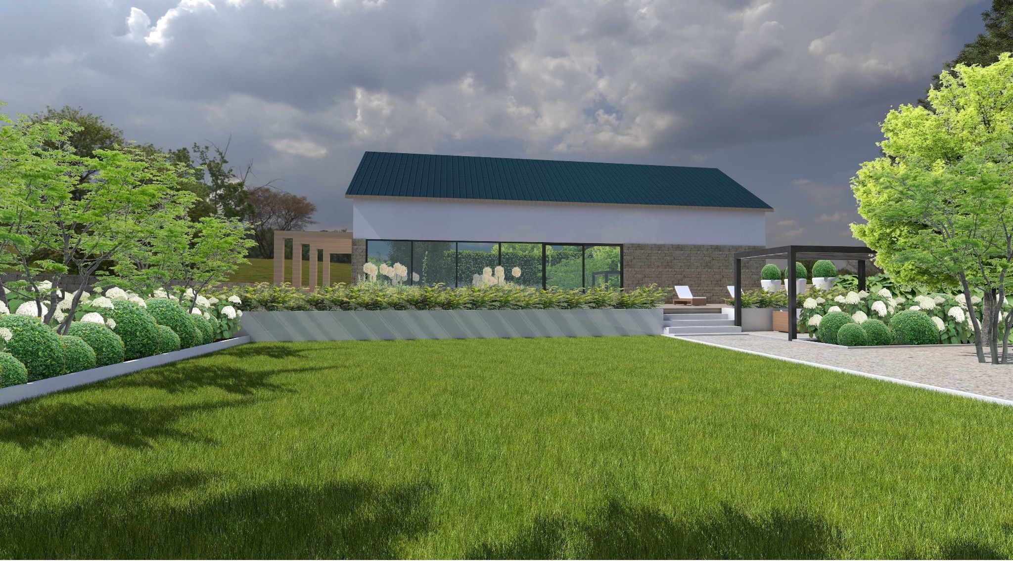 Wizualizacja ogrodu: nowoczesny dom z dużym trawnikiem, rabatami z kulistymi krzewami i pergolą. Stonowana kolorystyka, pochmurne niebo.