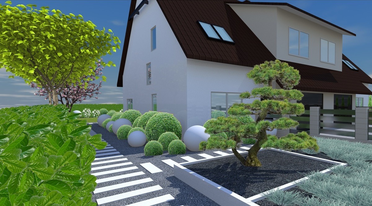 Nowoczesny ogród z białymi kulami i ścieżką z płyt, minimalistyczny design, widok na dom z brązowym dachem i zielenią. Projekt ogrodu.