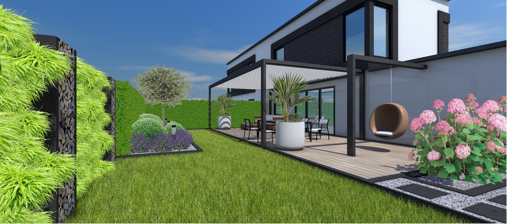 Wizualizacja ogrodu z nowoczesną pergolą, drewnianym tarasem, wiszącym fotelem i ozdobnymi roślinami. Elementy małej architektury i starannie zaprojektowana zieleń.