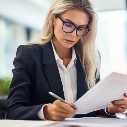 Lextri sp. z o.o. - Kobieta w okularach i marynarce analizuje dokumenty, pisząc długopisem. W tle biuro z oknami i zamazana postać. Stonowana kolorystyka, profesjonalny wizerunek.