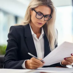 Kobieta w okularach i marynarce analizuje dokumenty, pisząc długopisem. W tle biuro z oknami i zamazana postać. Stonowana kolorystyka, profesjonalny wizerunek.