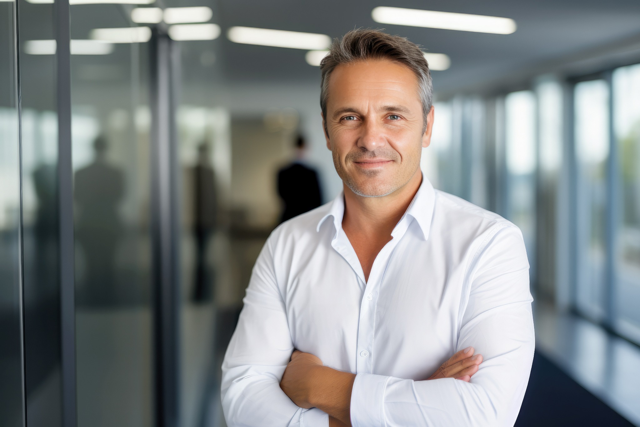 Portret uśmiechniętego, pewnego siebie mężczyzny w białej koszuli z założonymi rękami na tle nowoczesnego biura z przeszklonymi ścianami i widocznymi sylwetkami.