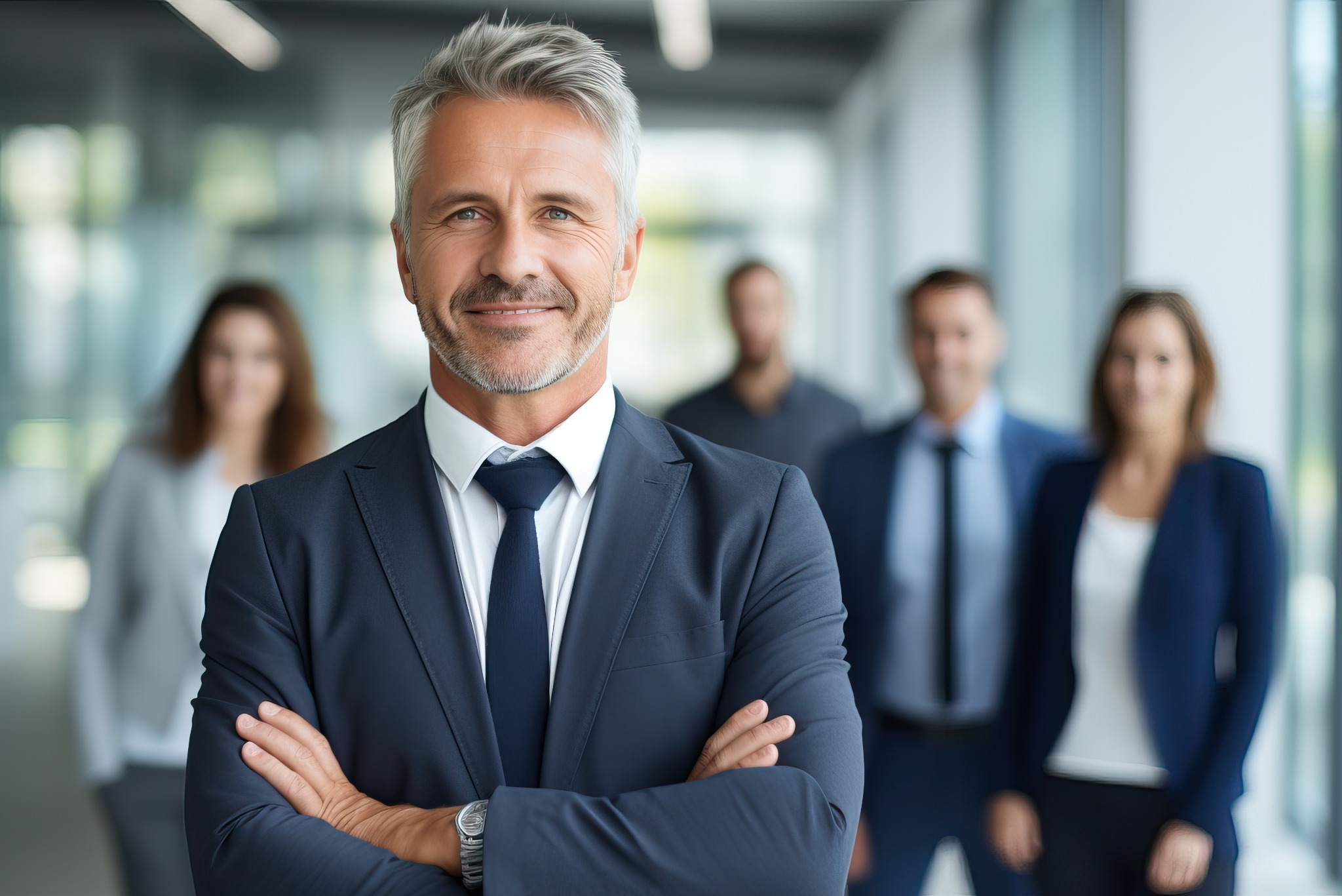 Uśmiechnięty, siwowłosy mężczyzna w garniturze, z założonymi rękami, na rozmytym tle zespołu w biurze. Wyraźny zegarek na nadgarstku dodaje profesjonalizmu.