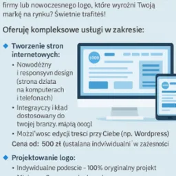 Oferta usług: tworzenie stron internetowych i projektowanie logo. Grafika przedstawia responsywny design na komputerze i telefonie, indywidualne podejście.