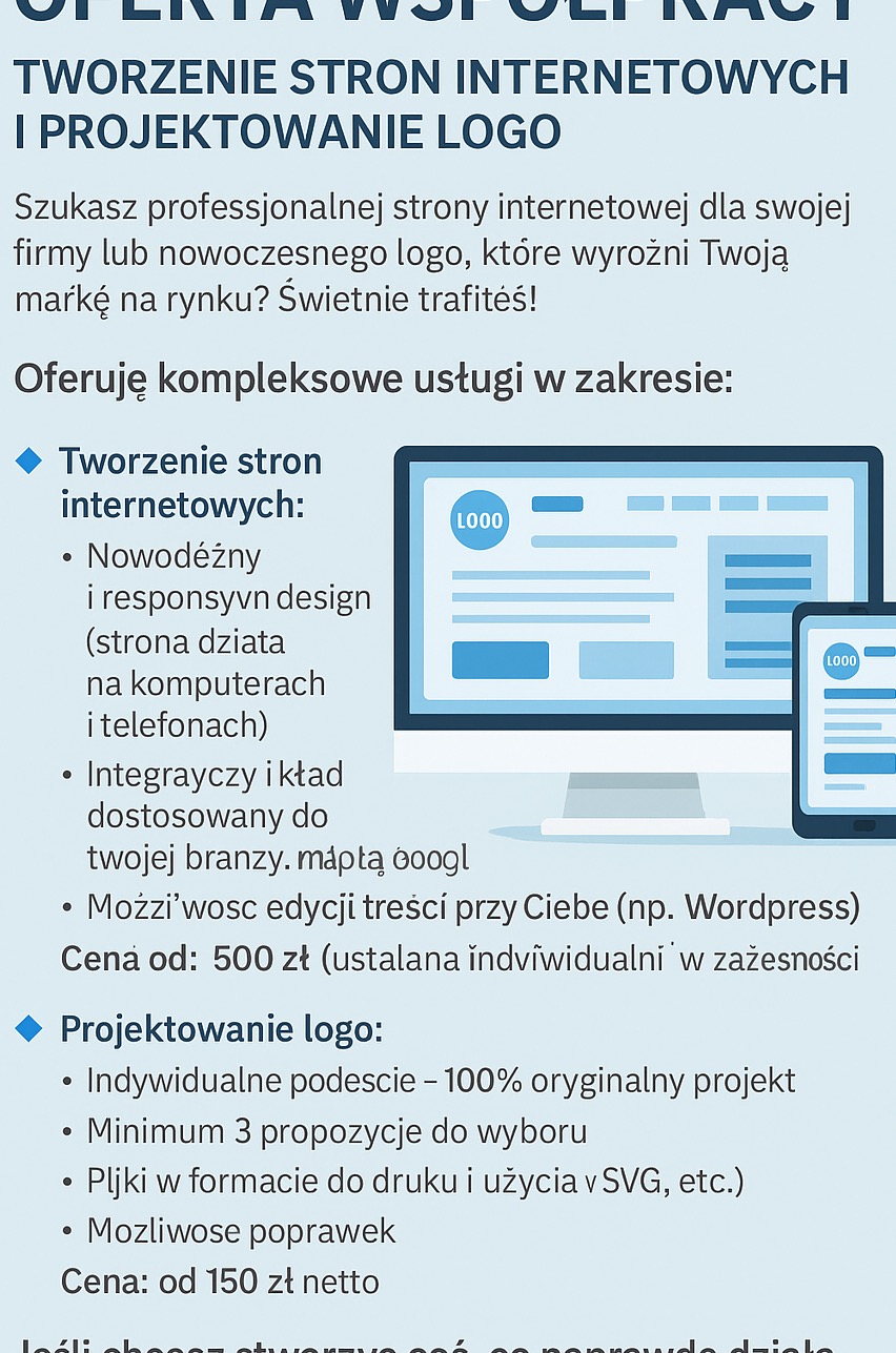 Oferta usług: tworzenie stron internetowych i projektowanie logo. Grafika przedstawia responsywny design na komputerze i telefonie, indywidualne podejście.