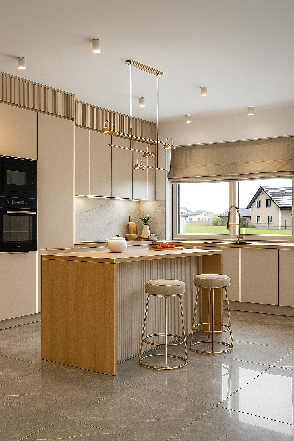 Jasna kuchnia z wyspą i złotymi hokerami. Minimalistyczny design, okno z widokiem na dom. Beżowe szafki i marmurowy backsplash. Oświetlenie punktowe i wisząca lampa.
