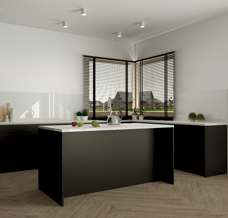 Nowoczesna kuchnia z wyspą i dużym oknem z żaluzjami. Minimalistyczny design, czarne szafki, biały blat i drewniana podłoga w jodełkę. Owoce i rośliny na blacie dodają świeżości.